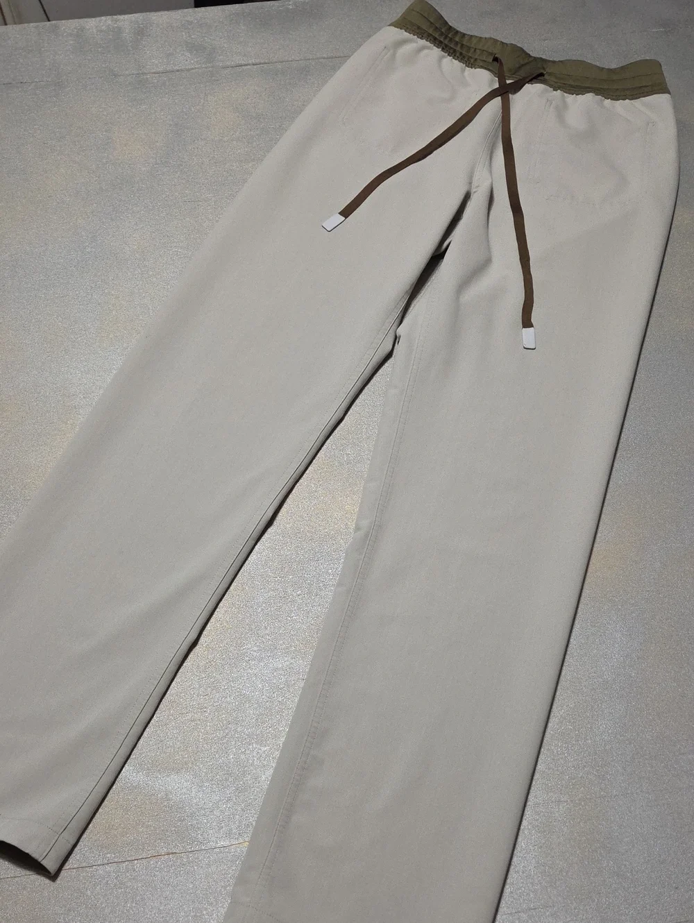 Figs Men's Chinos in Light Beige with Olive Waistband and Brown Drawstring